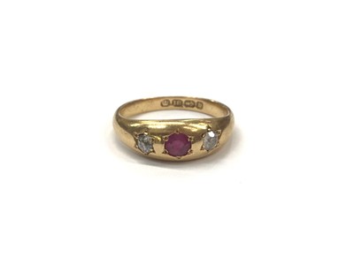 Lot 804 - Victorian 18ct gold ruby and diamond three stone gypsy ring