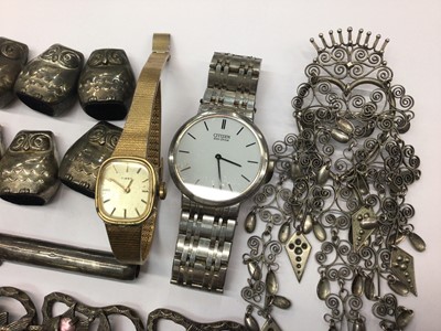 Lot 800 - Small group of costume jewellery including continental silver brooch, multi coloured pearl necklace, two wristwatches and set of six owl menu holders