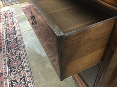 Lot 1404 - Early 18th century walnut veneered secretaire chest on chest, the top with frieze drawer, fitted interior with pigeon holes and drawers enclosed by two doors, the base with two short and two long d...