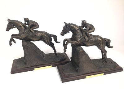 Lot 935 - Harriet Glen, contemporary, pair of bronzed resin sculptures of jockeys on racehorses, each with presentation plaque, ‘Carlisle Racecourse Winner 2004’, 29cm high x 35cm wide