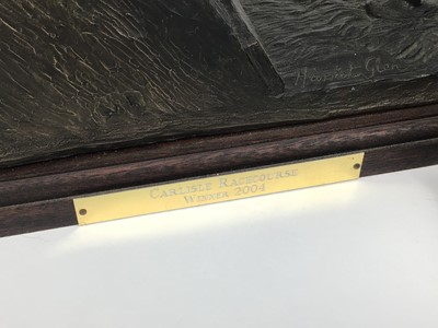 Lot 935 - Harriet Glen, contemporary, pair of bronzed resin sculptures of jockeys on racehorses, each with presentation plaque, ‘Carlisle Racecourse Winner 2004’, 29cm high x 35cm wide