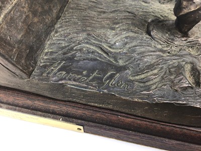 Lot 935 - Harriet Glen, contemporary, pair of bronzed resin sculptures of jockeys on racehorses, each with presentation plaque, ‘Carlisle Racecourse Winner 2004’, 29cm high x 35cm wide