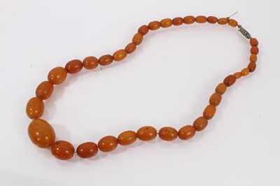 Lot 527 - Old graduated amber polished oval bead necklace