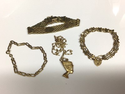 Lot 6 - Three 9ct gold bracelets and 9ct gold Egyptian head pendant on 9ct gold chain