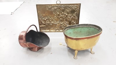 Lot 1007 - 19th century brass log basket, 19th century copper coal scuttle and an embossed brass fire guard