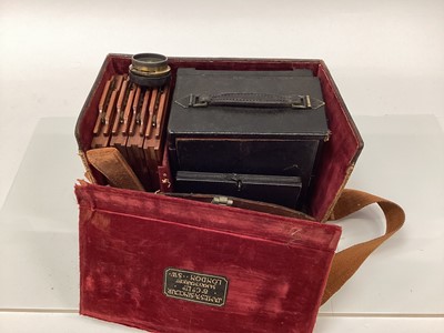 Lot 2374 - Antique plate camera with accessories in brown leather case, retailed by James Sinclair & Co. 54 Haymarket, London SW.