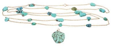 Lot 528 - Edwardian 9ct gold and turquoise long chain with an additional turquoise pendant