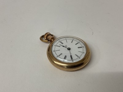 Lot 92 - Early 20th century American 10ct gold fob watch with white enamel dial, the rear of the case marked 10K, case 3.7cm in diameter.