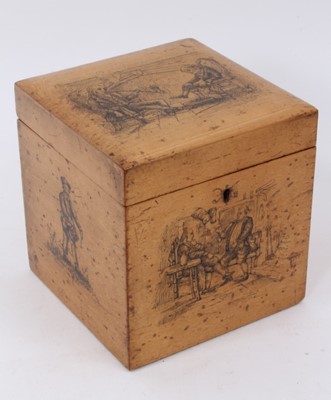 Lot 797 - Regency penwork sycamore single canister tea caddy, the penwork decoration on each side and hinged lid showing pipe smoking scenes and cobweb. With key