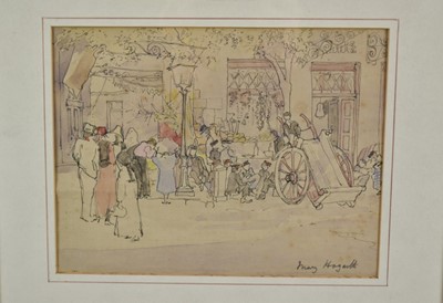 Lot 97 - Mary Henrietta Uppleby Hogarth (1861-1935) pen, ink and watercolour - Greek Market, c.1920, signed lower right, 17cm x 22.5cm, in glazed frame