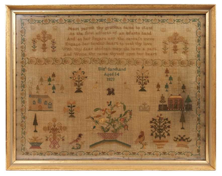 Lot 792 - George IV needlework sampler, by Elizabeth Sandland Aged 14, 1823. A prayer above houses and trees with birds, dog and a large central pot of flowers, all within an acorn border. Gilt frame