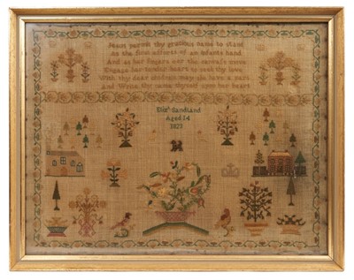 Lot 792 - George IV needlework sampler, by Elizabeth Sandland Aged 14, 1823. A prayer above houses and trees with birds, dog and a large central pot of flowers, all within an acorn border. Gilt frame