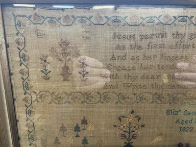 Lot 792 - George IV needlework sampler, by Elizabeth Sandland Aged 14, 1823. A prayer above houses and trees with birds, dog and a large central pot of flowers, all within an acorn border. Gilt frame