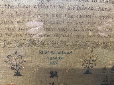 Lot 792 - George IV needlework sampler, by Elizabeth Sandland Aged 14, 1823. A prayer above houses and trees with birds, dog and a large central pot of flowers, all within an acorn border. Gilt frame