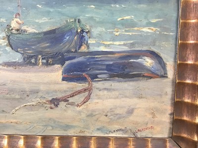 Lot 80 - Louis Parenthou, 1888-1982, French school. Impressionist oil on board study, fishing boats on the shore. Signed lower right, inscribed verso and dated 1923. Gilt moulded frame
