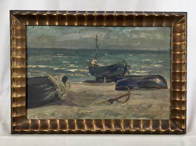 Lot 80 - Louis Parenthou, 1888-1982, French school. Impressionist oil on board study, fishing boats on the shore. Signed lower right, inscribed verso and dated 1923. Gilt moulded frame
