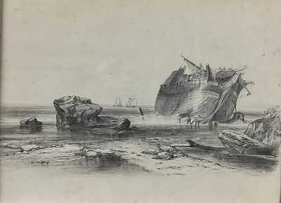Lot 57 - 19th century English School, graphite study of a shipwreck on the shore 40cm 30cm in gilt frame
