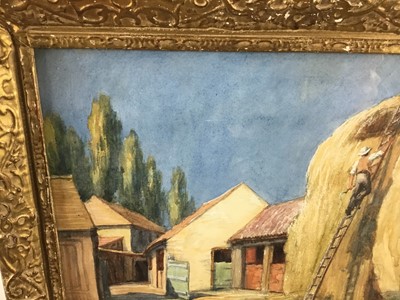Lot 24 - Tom Whitehead, 1886-1959. Watercolour study of a farmyard and haystack with farmhand. Signed lower right. Gilt moulded frame