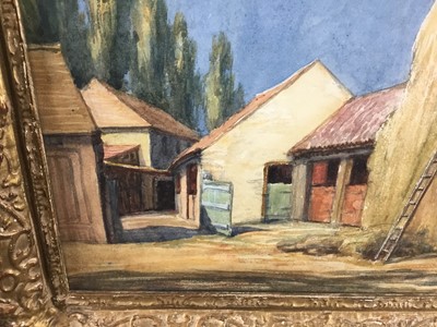 Lot 24 - Tom Whitehead, 1886-1959. Watercolour study of a farmyard and haystack with farmhand. Signed lower right. Gilt moulded frame