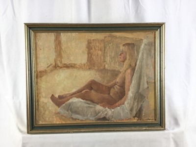 Lot 31 - Heather Harcourt Powell, 20th century. Oil on board, reclining female nude. Signed and dated lower right. Gilt frame