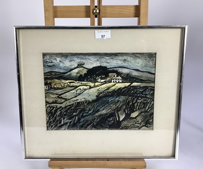 Lot 57 - Jean Hinde, 20th Century. Hand coloured linocut, “Eype Down, Dorset”. Signed and titled to mount. Metal frame
