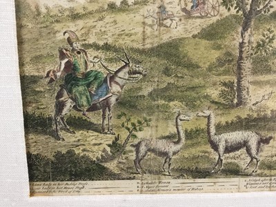 Lot 206 - English 18th century coloured engraving, Peruvian fashion annotated in the lower margin describing Ladies, Servants, Lama’s etc. Linen mounted and gilt frame