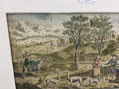 Lot 206 - English 18th century coloured engraving, Peruvian fashion annotated in the lower margin describing Ladies, Servants, Lama’s etc. Linen mounted and gilt frame