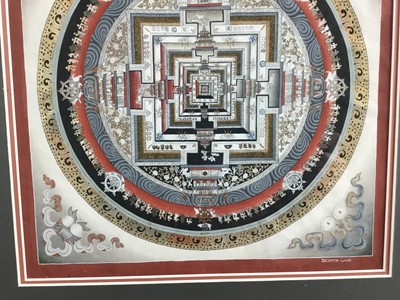 Lot 207 - Tibetan Buddhist School. The Mandala of Kalachakra, gauche study in vibrant colours heightened in gilt. Signed lower right, Deerpa Lama. Mounted in gilt frame