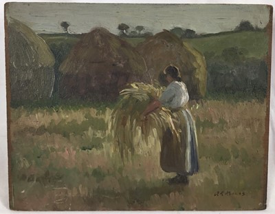 Lot 76 - Early 20th century Impressionist study oil on panel - farm girl gathering hay, signed, 20 x 25cm, unframed