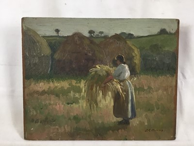 Lot 76 - Early 20th century Impressionist study oil on panel - farm girl gathering hay, signed, 20 x 25cm, unframed