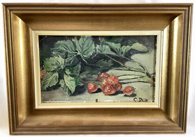 Lot 22 - Continental School. Oil on board still life study, strawberries. Signed lower right. Gilt frame