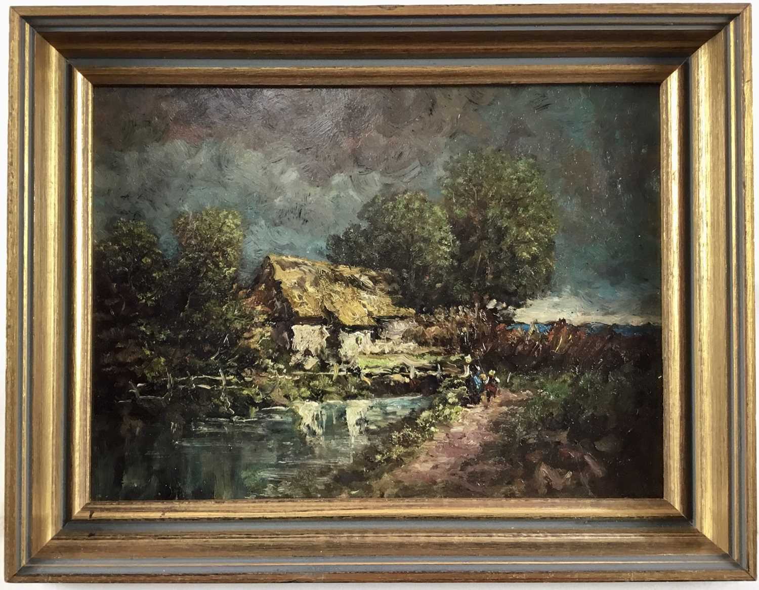 Lot 26 - Impasto oil on board, landscape with figures beside stream and thatched cottage. Gilt frame