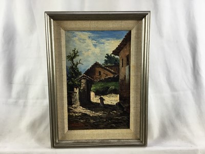 Lot 29 - Continental School. Oil on board, street scene with figure. Signed lower left. Mounted and silvered wood frame