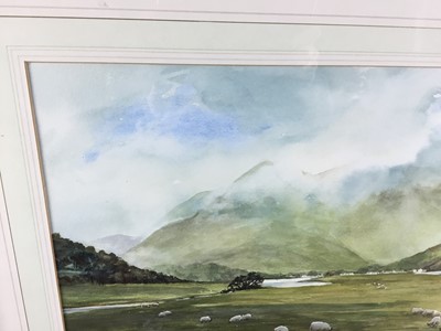 Lot 58 - Jill Parker, Contemporary English School. “Ballachulish, Argyll”, watercolour of a Scottish landscape with sheep in foreground. Signed lower left. Mounted in frame