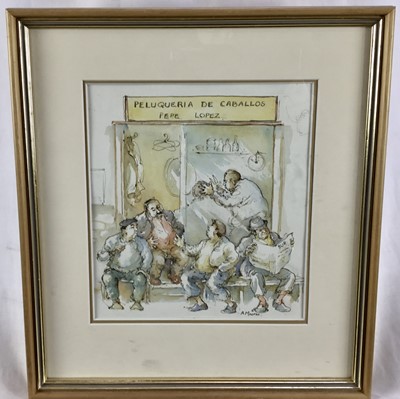 Lot 21 - A. Moorse, English School. Comical watercolour “The Spanish Barber”. Signed lower right. Mounted and framed