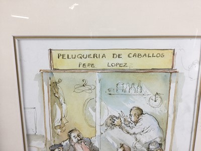 Lot 21 - A. Moorse, English School. Comical watercolour “The Spanish Barber”. Signed lower right. Mounted and framed