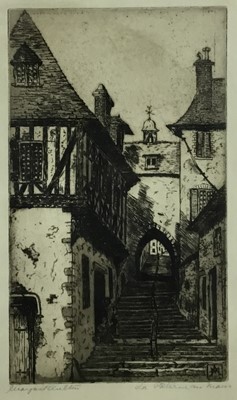 Lot 208 - Margaret Aulton, (1871-1962) signed etching, French street scene, titled, label verso from Grindley Palmer, 27cm x 16cm, in glazed frame
