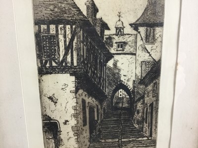 Lot 208 - Margaret Aulton, (1871-1962) signed etching, French street scene, titled, label verso from Grindley Palmer, 27cm x 16cm, in glazed frame