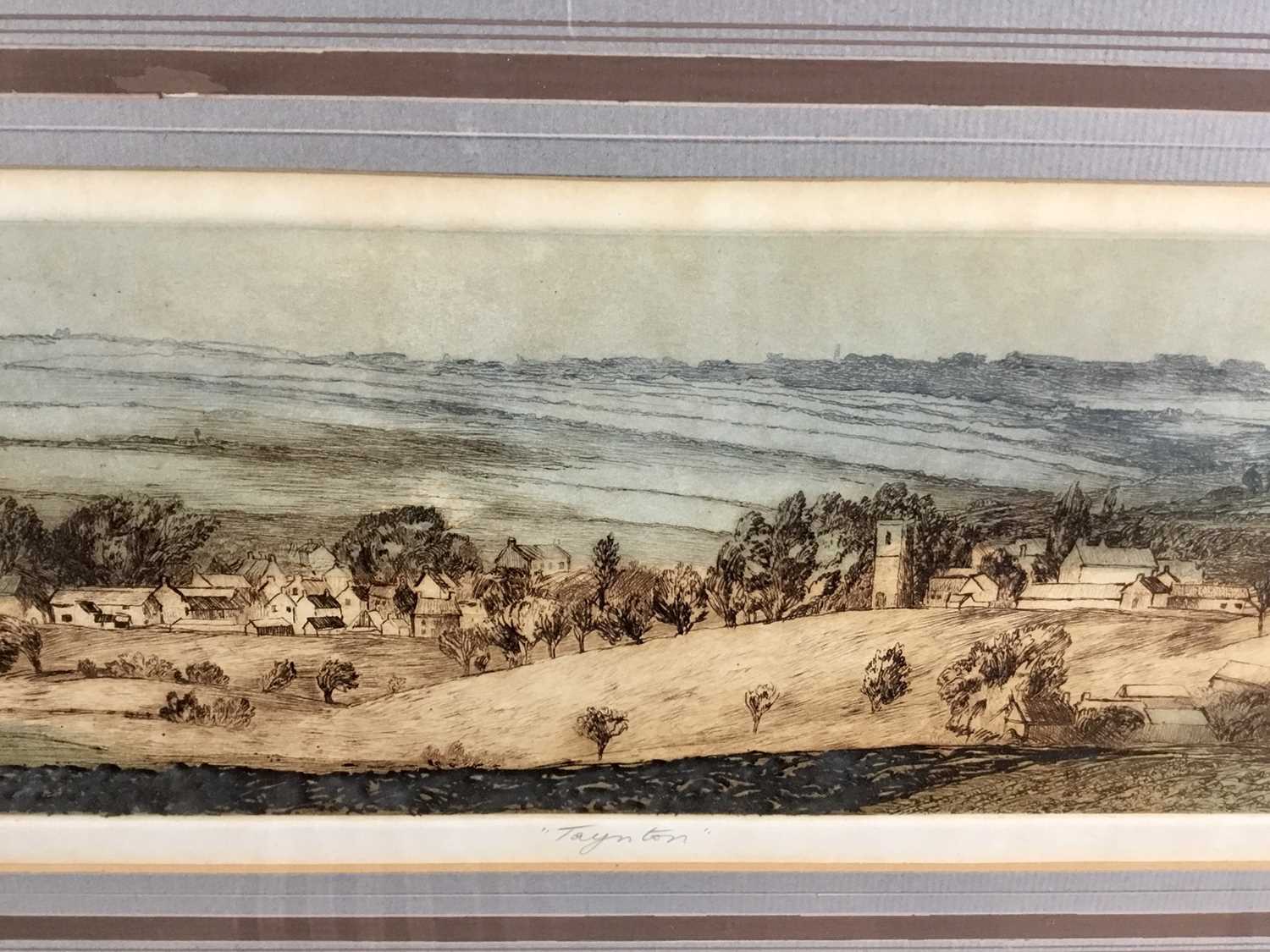 Lot 20 - Patricia A Regnart, 20th century. Coloured etching, “Taynton”. Landscape of Somerset. Titled, signed and dated to margin, 1974. 19/100. Mounted and framed
