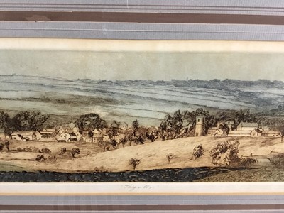 Lot 250 - Patricia A Regnart, 20th century. Coloured etching, “Taynton”. Landscape of Somerset. Titled, signed and dated to margin, 1974. 19/100. Mounted and framed