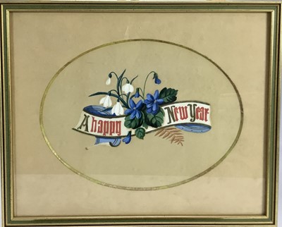Lot 60 - Late Victorian illuminated and polychrome painted motto “A Happy New Year”. Mounted and framed