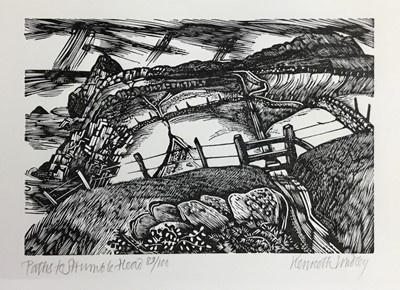 Lot 62 - Kenneth Arthur Lindley ARE, 1928-1986. English School. Original woodcut engraving on cream paper, “Paths To Strumble Head”, landscape of Pembrokeshire. Titled, signed and numbered to margin, 89/100...