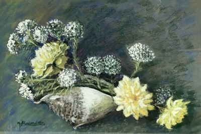 Lot 59 - M Brownswood, 20th century. Pastel still study, flowers and seashell. Gilt frame