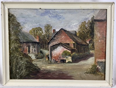 Lot 56 - English School, 20th century oil on board - farm outbuildings, 39cm x 29cm in white painted frame