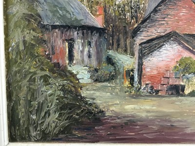 Lot 56 - English School, 20th century oil on board - farm outbuildings, 39cm x 29cm in white painted frame