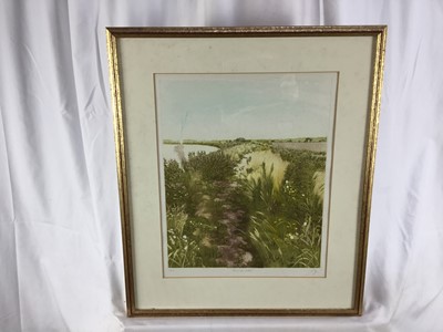 Lot 55 - Contemporary, 20th century. Coloured engraving, fields beside river. Titled and signed to margin, 10/100. Mounted and framed
