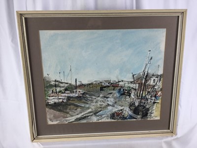 Lot 52 - John Burleigh, 20th century. Watercolour, “Queenborough”. Harbour in the Isle of Sheppey, Kent. Signed and titled lower right