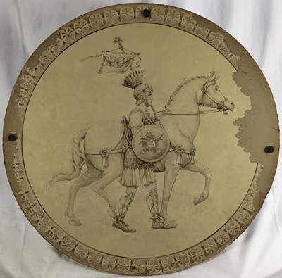 Lot 182 - Large 19th century Grand Tour watercolour, mounted to board, depicting a Roman Centurion leading his horse, probably imitating a shield. 69cm x 69cm