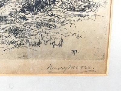 Lot 23 - Henry Moore RA, British, 1831-1895. Etching, Swiss haymakers in extensive landscape with a bay in the distance. Initialled within etching H.M. 9. Signed in graphite lower right. Mounted and frame