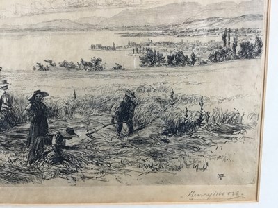 Lot 23 - Henry Moore RA, British, 1831-1895. Etching, Swiss haymakers in extensive landscape with a bay in the distance. Initialled within etching H.M. 9. Signed in graphite lower right. Mounted and frame